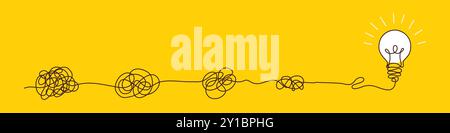 Lampadine con confuso concetto di caos. Un modo complesso dall'inizio all'idea. Groviglio di chiarezza o tracciato disegnato a mano. Illustrazione vettoriale Illustrazione Vettoriale