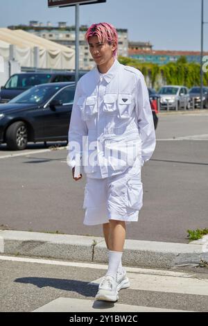 MILANO, ITALIA - 16 GIUGNO 2024: Yamato con prima della sfilata Prada, Milano Fashion Week Street style Foto Stock