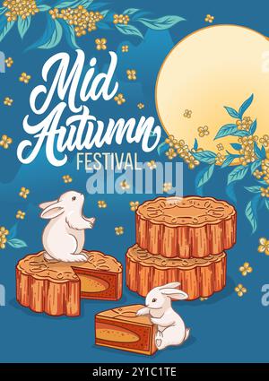 Poster del festival coreano di metà autunno, sfondo, biglietto d'auguri, collezione di vettoriali di copertina del libro Festival di metà autunno con torta di luna e tè cinese. Illustrazione Vettoriale