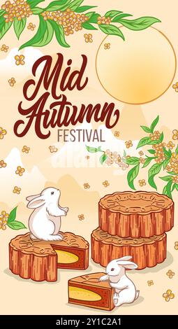 Poster del festival coreano di metà autunno, sfondo, biglietto d'auguri, collezione di vettoriali di copertina del libro Festival di metà autunno con torta di luna e tè cinese. Illustrazione Vettoriale