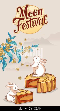 Buon festival di metà autunno. Coniglio con torte di luna e tè nel tradizionale Festival cinese di metà autunno Illustrazione Vettoriale