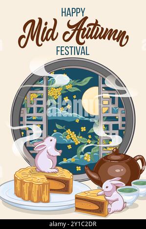 Buon festival di metà autunno. Coniglio con torte di luna e tè nel tradizionale Festival cinese di metà autunno Illustrazione Vettoriale