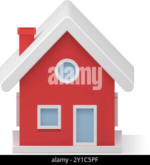 Graziosa casa privata di campagna con finestre, porta e camino, design decorativo di un giocattolo natalizio, illustrazione vettoriale isometrica. Magica intimità del mare d'inverno Illustrazione Vettoriale