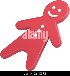 Divertente uomo di pan di zenzero rosso lucido sorridente con pulsanti bianchi e occhi sorridono realistica illustrazione vettoriale. Simpatico giocattolo natalizio tradizionale a carattere sottile Illustrazione Vettoriale
