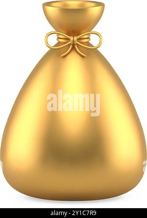 Costoso sacco metallico lucido pieno di regali natalizi legati a un nastro dorato lucido, illustrazione vettoriale del modello 3d. Borsa di lusso Babbo Natale con holi invernale Illustrazione Vettoriale