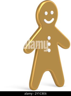 Divertente uomo di pan di zenzero metallico sottile isometrico bauble natalizio design decorativo dorato illustrazione vettoriale. Simpatico e lussuoso giocattolo natalizio che sorride la coda di fata c Illustrazione Vettoriale