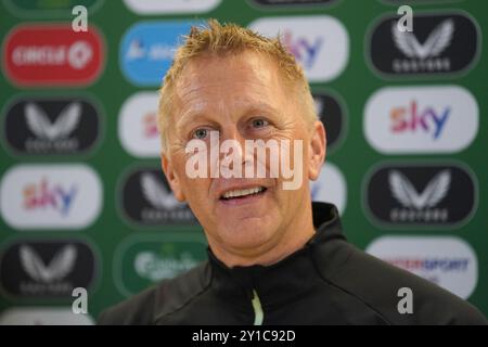 L'allenatore della Repubblica d'Irlanda Heimir Hallgrimsson durante una conferenza stampa all'Aviva Stadium di Dublino. Data foto: Venerdì 6 settembre 2024. Foto Stock