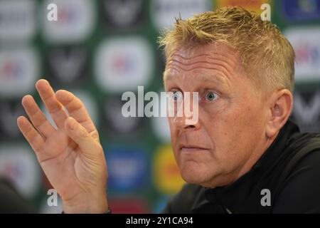 L'allenatore della Repubblica d'Irlanda Heimir Hallgrimsson durante una conferenza stampa all'Aviva Stadium di Dublino. Data foto: Venerdì 6 settembre 2024. Foto Stock