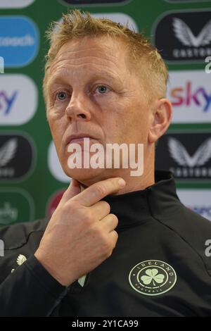 L'allenatore della Repubblica d'Irlanda Heimir Hallgrimsson durante una conferenza stampa all'Aviva Stadium di Dublino. Data foto: Venerdì 6 settembre 2024. Foto Stock