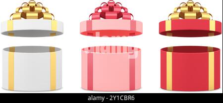 Bellissime e luminose confezioni regalo multicolore vuote con set di disimballaggio a tappo aperto realistico illustrazione vettoriale. Classico pacchetto di cartone cerchiato me Illustrazione Vettoriale