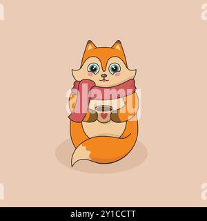 Una volpe carina con una sciarpa rossa tiene una tazza di tè. Personaggio autunnale dei cartoni animati. Illustrazione vettoriale accogliente. Illustrazione Vettoriale