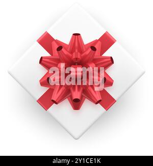 Confezione regalo bianca legata rosso lucido grande fiocco dall'alto, realistica illustrazione vettoriale 3D. Confezione isometrica in cartone per festeggiare il compleanno, CH Illustrazione Vettoriale