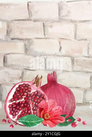 Due melograni con semi, fiori e foglie su una carta di acquerello da parete calcarea. Elemento di frutta realistico disegnato a mano per striscioni, poster, casa Foto Stock