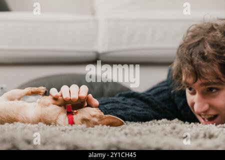 L'uomo con un maglione blu gioca con un piccolo cucciolo su un tappeto in un accogliente soggiorno, creando una scena emozionante di amore e gioia Foto Stock