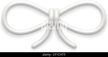 Simpatico nodo legato bianco realistico per un design decorativo delle feste, illustrazione vettoriale. Tenero nastro lucido con fiocco per il compleanno, il matrimonio e l'annientatore di Natale Illustrazione Vettoriale
