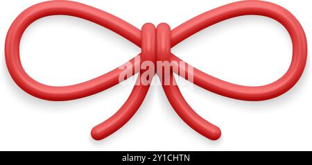 Classico nodo rosso legato decorazioni natalizie appese all'albero di Natale o illustrazione vettoriale modello 3d. Tessuto moda con fiocco in metallo Illustrazione Vettoriale