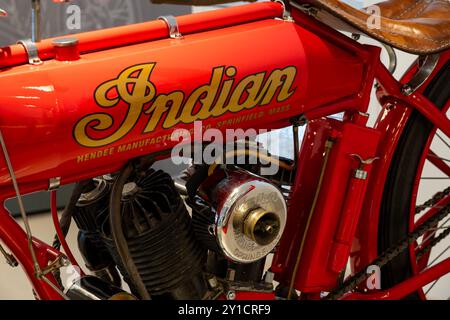 Dettaglio di una replica di moto indiana costruita su misura nel 1912 nel Museo dell'automobile di Termas de Rio Hondo, Argentina. Foto Stock