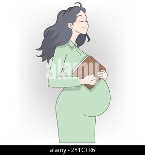 n illustrazione di una donna incinta serena che tiene in mano un libro e indossa un vestito verde chiaro. Ha un'espressione pacifica Illustrazione Vettoriale