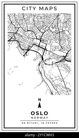 Mappa d'arte monocromatica della capitale norvegese di Oslo, illustrazione e decorazione domestica Illustrazione Vettoriale