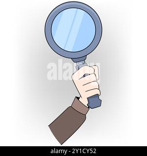 Illustrazione che illustra il concetto di analista aziendale incentrato sull'analisi dei motori di ricerca. L'immagine presenta una mano con una lente d'ingrandimento, Illustrazione Vettoriale