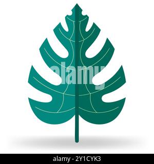 L'immagine presenta una rappresentazione stilizzata di una foglia verde con motivi distinti, simili a quelli di una foglia di Monstera, con venature gialle che corrono fino a Illustrazione Vettoriale