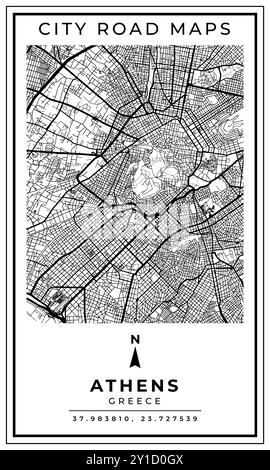 Mappa d'arte monocromatica della capitale Atene, Grecia, illustrazione e decorazione della casa Illustrazione Vettoriale