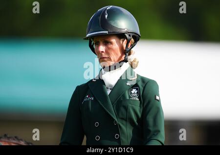 Sarah Ennis durante le prove di cavalli Land Rover Burghley a Burghley House vicino Stamford, Lincolnshire. Data foto: Venerdì 6 settembre 2024. Foto Stock