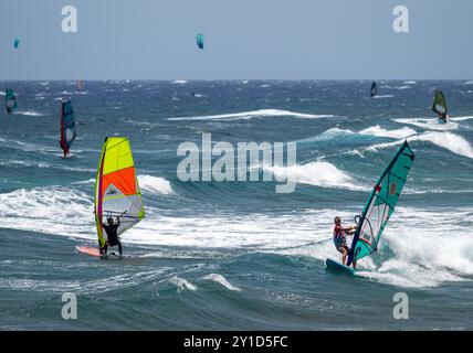 I windsurfisti affrontano le onde durante il Campionato del mondo di El Medano, Tenerife, Spagna, mostrando le loro abilità e le loro emozioni nell'agosto 2024. Foto Stock