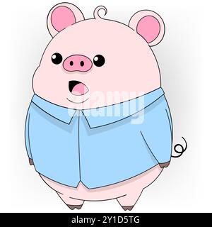 illustrazione di una simpatica immagine di un animale scarabocchiato, il maiale grasso che indossa una camicia è in piedi e mostra una faccia sorpreso che spalanca Illustrazione Vettoriale