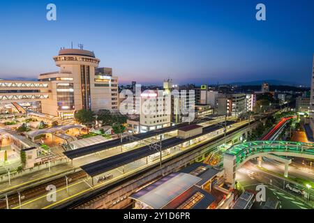 Toyota-shi City, Aichi, paesaggio urbano giapponese all'ora blu. Foto Stock