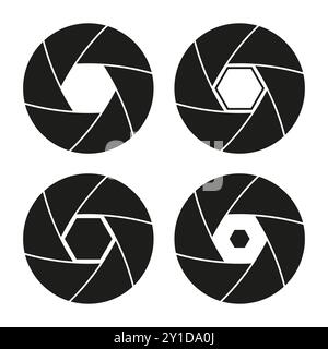 Icona dell'otturatore della fotocamera. Set di simboli di apertura. Forme circolari nere. Elementi di fotografia vettoriale. Illustrazione Vettoriale