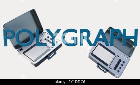 Rendering 3D di un'antica macchina poligrafica con la parola "POLYGRAPH", isolata su sfondo bianco. Foto Stock