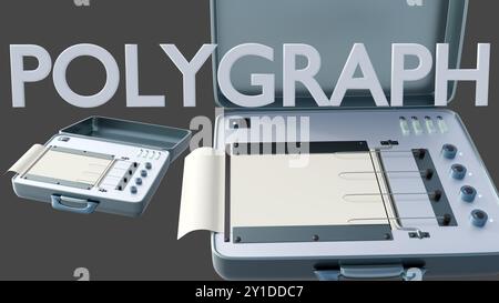 Rendering 3D di un'antica macchina poligrafica con la parola "POLYGRAPH", isolata su sfondo bianco. Foto Stock