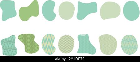 Set di forme di blob verdi irregolari organiche con texture a chevron cerchio fluido punto di deformazione casuale isolato su sfondo bianco. Doodle di ameba organico Illustrazione Vettoriale