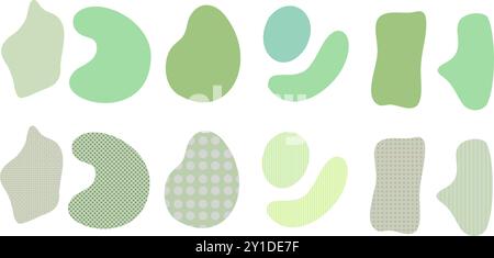 Set di forme organiche irregolari di blob verde con polka dot, texture di linea punto di deformazione casuale cerchio fluido sfondo bianco isolato ameba organica Illustrazione Vettoriale