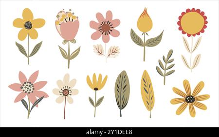 Set di fiori carini piante in stile cartoni animati. Illustrazione per bambini disegnata a mano. Disegno semplice e isolato per grafica adatta ai bambini e. Illustrazione Vettoriale