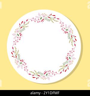 Colorata corona floreale circolare con fiori estivi e spazio centrale per le copie bianche per il testo. Corona circolare di invito e saluto, volantino, striscione Illustrazione Vettoriale