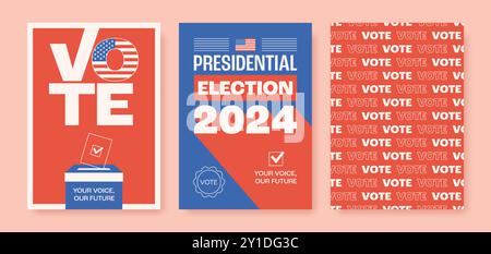 Serie di elezioni presidenziali 2024 manifesti. Modelli di design moderno per il voto negli Stati Uniti. Illustrazione vettoriale Illustrazione Vettoriale