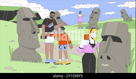 I turisti visitano le illustrazioni piatte dei cartoni animati dell'isola di Pasqua Illustrazione Vettoriale