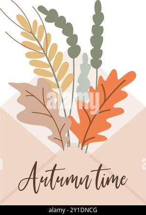 Illustrazione di una busta aperta con bouquet di erbe e foglie e iscrizione Autunno. Grazioso design stagionale, concetto di arrivo dell'autunno Illustrazione Vettoriale