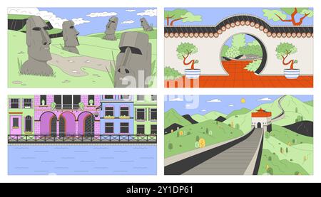 Set di illustrazioni piatte per i paesaggi dei viaggi del mondo Illustrazione Vettoriale