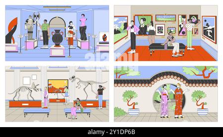 Musei mostre d'arte set di illustrazioni piatte a cartoni animati Illustrazione Vettoriale