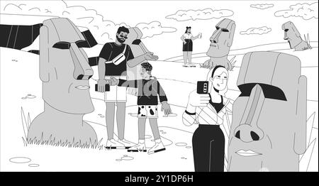 I turisti visitano le illustrazioni in bianco e nero dell'isola di Pasqua Illustrazione Vettoriale