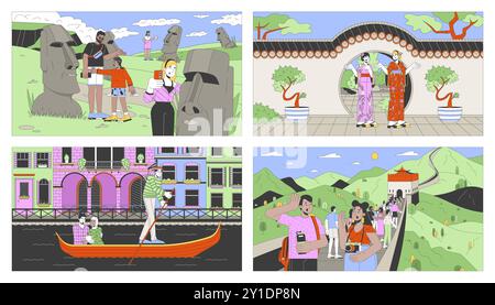 Set di illustrazioni piatte su cartoni turistici dei monumenti storici Illustrazione Vettoriale