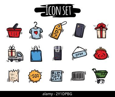 Una serie di icone disegnate a mano relative a Black Friday, negozi, vendite, promozioni, sconti. Segni vettoriali, simboli, elementi Illustrazione Vettoriale