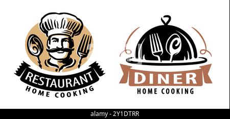 Emblema del ristorante. Diner, logo del servizio di ristorazione. Serie di badge e simboli per il menu Illustrazione Vettoriale