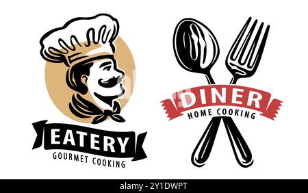 Logo Diner, emblema del servizio di ristorazione. Serie di badge e simboli per il menu del ristorante o della caffetteria Illustrazione Vettoriale