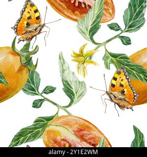 Pomodori senza cuciture. Frutta vegetale, foglie, fiori, farfalla. Illustrazione ad acquerello disegnata a mano isolata su bianco. Per tessuto, involucro p Foto Stock