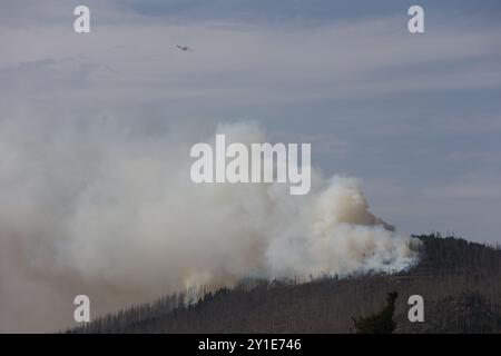 Wernigerode, Germania. 6 settembre 2024. Un piccolo aereo antincendio vola sopra le nuvole di fumo sul Königsberg nelle montagne Harz sotto il Brocken. Stava bruciando in diversi luoghi su una lunghezza di circa 300 metri, ha detto un portavoce del distretto di Harz. Crediti: Matthias Bein/dpa/Alamy Live News Foto Stock