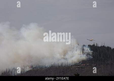 Wernigerode, Germania. 6 settembre 2024. Un piccolo aereo antincendio vola sopra le nuvole di fumo sul Königsberg nelle montagne Harz sotto il Brocken. Stava bruciando in diversi luoghi su una lunghezza di circa 300 metri, ha detto un portavoce del distretto di Harz. Crediti: Matthias Bein/dpa/Alamy Live News Foto Stock